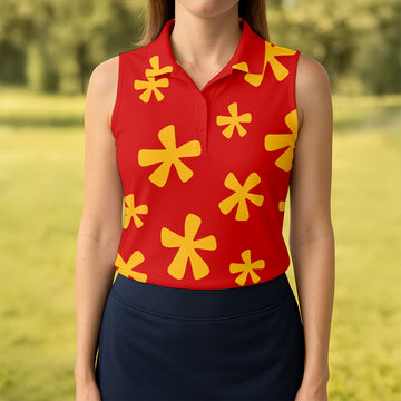 Maxcorners Red Hawaiian Floral Sleeveless Golf Polo, Women’s Sleeveless Golf Shirt, Golf Polo For Women LM1507