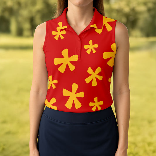 Maxcorners Red Hawaiian Floral Sleeveless Golf Polo, Women’s Sleeveless Golf Shirt, Golf Polo For Women LM1507