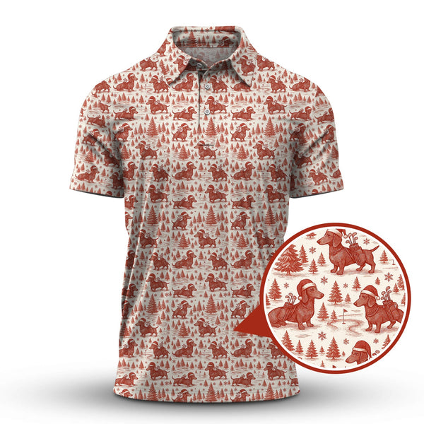 Maxcorners Christmas Golf Shirt, Dachshund Golf Shirt For Men, Pattern Golf Shirt, Toile De Jouy Shirt For Golfer