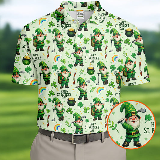 Maxcorners Happy St Patrick's Day Gnomes Shamrock Golf Shirt, Men's Funny Golf Shirts, Golf Shirts For Men