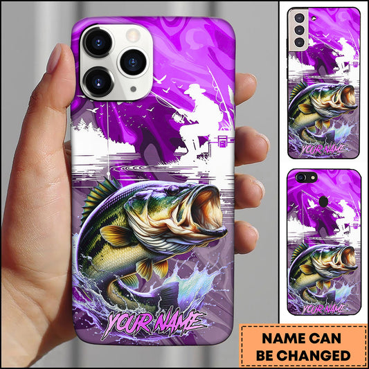 Maxcorners Fishing Vintage Purple Fishing Scene with Silhouette Angler and Dynamic Water Splash Personalized Name Phone Case (13 Fish Species)