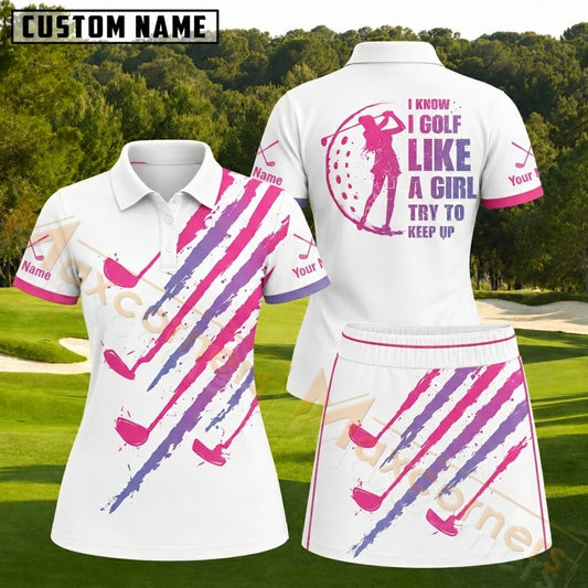 Maxcorners Pink and Purple Brushstroke Golf Club Personalized Name 3D Golf Shirt and Skirt