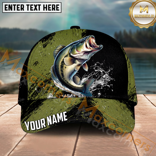Maxcorners Fishing Olive Black Grunge Water Splash Personalized Name 3D Cap (12 Fish Species)