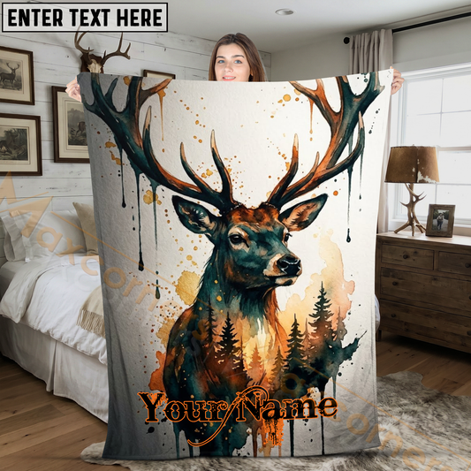 Maxcorners Artistic Watercolor Deer Forest Splatter Personalized 3D Blanket