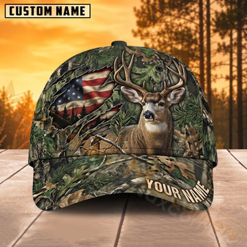 Maxcorners Deer Hunting American Flag Green Woodland Camo Personalized Name 3D Cap