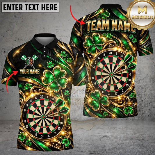 Maxcorners Darts Shamrock Clover Golden Ornaments Target Board Swirls Graphic Multicolor Customized Name, Team Name 3D Shirts