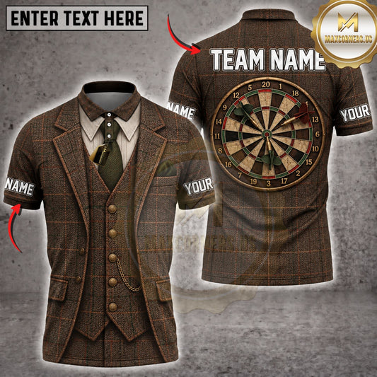 Maxcorners Darts Vintage Brown Tuxedo Gold Dartboard Personalized Name 3D Unisex Shirt