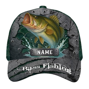 Maxcorners Bass Fishing Personalized 3D Printed Baseball Cap, Custom Name Fishing Caps Hats LM0402
