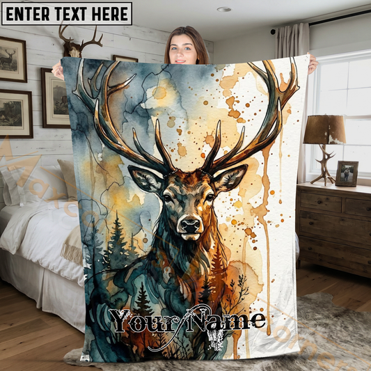 Maxcorners Majestic Deer Watercolor Nature Art Personalized 3D Blanket