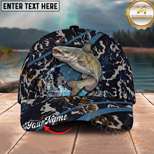 Maxcorners Fishing Black Marble Pattern Personalized Name 3D Cap (12 Fish Species)