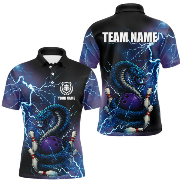 Maxcorners Blue Lightning Thunder Cobra Snake Bowling Polo, 1/4 Zip Shirts For Men Custom Bowling Team Uniform LM154