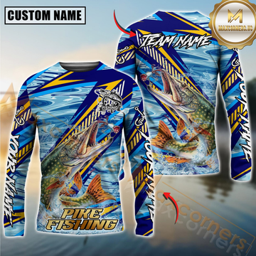 Maxcorners Pike Fishing Yellow Blue Lightning Pattern Design Custom Name & Team Name 3D Shirts
