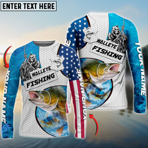 Maxcorners Walleye Fishing Reaper Blue Water Personalized Name, Team Name 3D Long Sleeve Shirt