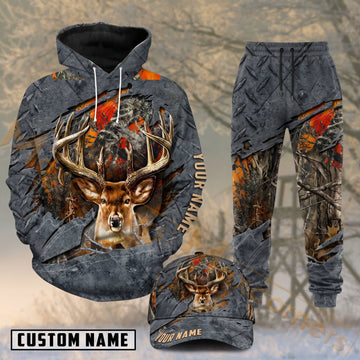 Maxcorners Hunting Whitetail Deer Skull Dark Woodland Camo Personalized 3D Combo Hoodie, Sweatpants Set & Cap