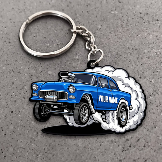 Maxcorners Classic Muscle Car Blue Vintage Racing Coupe with White Tire Smoke Personalized Name 3D Keychain And Ornament