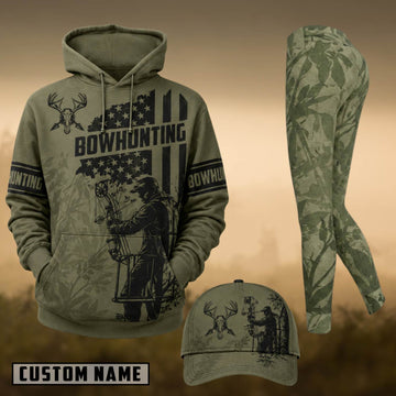 Maxcorners Hunting Bow Hunter American Flag Olive Green 3D Combo Hoodie, Legging Set & Cap