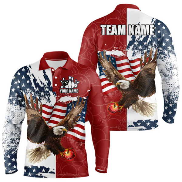 Maxcorners Red, White, Blue American Flag Eagle Men Bowling Shirt Custom Patriotic Red Camo Bowling Team Jersey LM184