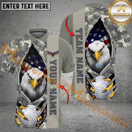 Maxcorners Golf American Eagle Army Camo Multicolor Option Customized Name, Team Name 3D Polo Shirt