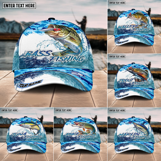 Maxcorners Fishing Blue Water Camo Pattern Sport Pattern Personalized Name 3D Cap (11 Breeds)