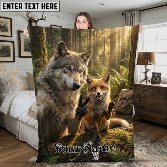 Maxcorners Friendly Wolf and Fox Making Peace Sign Selfie Personalized 3D Blanket