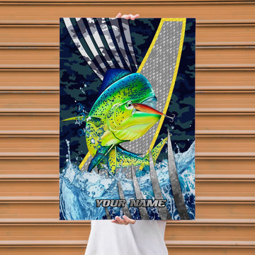 Maxcorners Mahi Mahi Fishing Tactical Camo Metal Splash Design Personalized Name 3D Poster