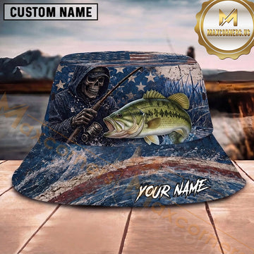 Maxcorners Fishing Dark Lightning Fishing Illustration with Dramatic Effect Personalized Name 3D Bucket Hat (13 Fish Species)