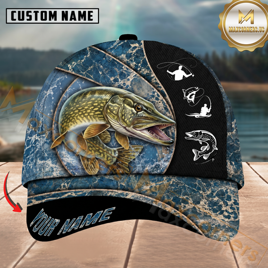 Maxcorners Fishing Blue Marble Splash Design Personalized Name 3D Cap