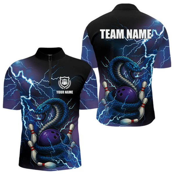 Maxcorners Blue Lightning Thunder Cobra Snake Bowling Polo, 1/4 Zip Shirts For Men Custom Bowling Team Uniform LM154