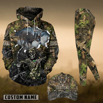 Maxcorners Hunting Whitetail Deer Skull Bow Hunter Green Forest Camo 3D Combo Hoodie, Legging Set & Cap