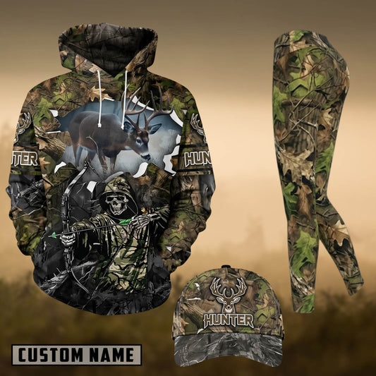 Maxcorners Hunting Whitetail Deer Skull Bow Hunter Green Forest Camo 3D Combo Hoodie, Legging Set & Cap