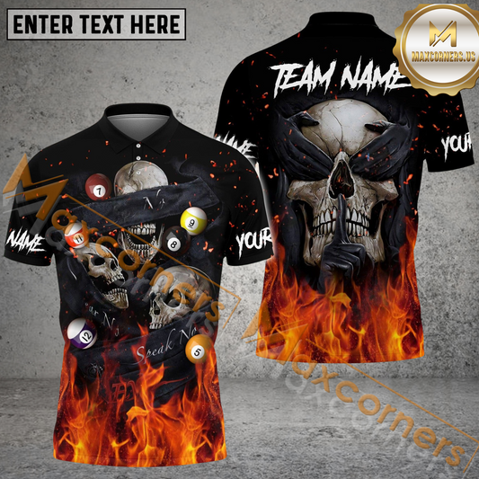 Maxcorners Flaming Blinding Skull Billiard Jersey Multicolor Options Personalized Name, Team Name 3D Polo Shirt (4 Colors)