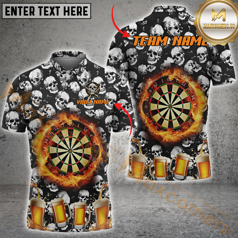 Maxcorners Grunge Skull Beer Darts Jersey Customized Name, Team Name 3D Polo Shirt