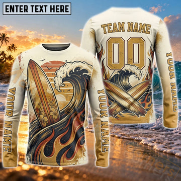 Maxcorners Surfing Dark Ocean Wave Art Customized Name, Number, Team Name 3D Long Sleeve Shirts