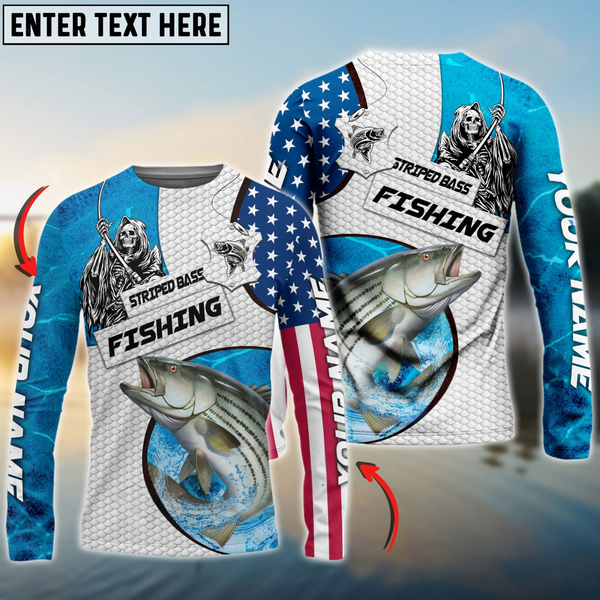 Maxcorners Striped Bass Fishing Reaper Blue Water Personalized Name, Team Name 3D Long Sleeve Shirt