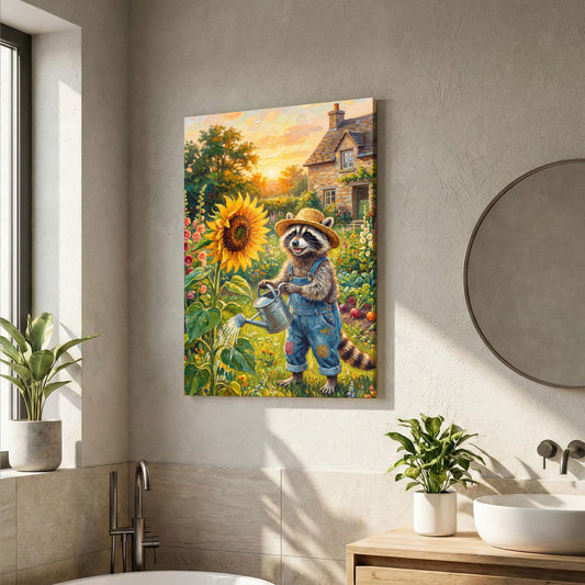 Maxcorners Raccoon Watering Sunflower in Cozy Cottage Garden Farmhouse Canvas Wall Art