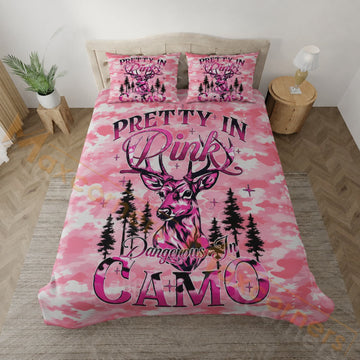 Maxcorners Hunting Pretty In Pink Camo Deer Design Bedding Set 3D Print Custom Name