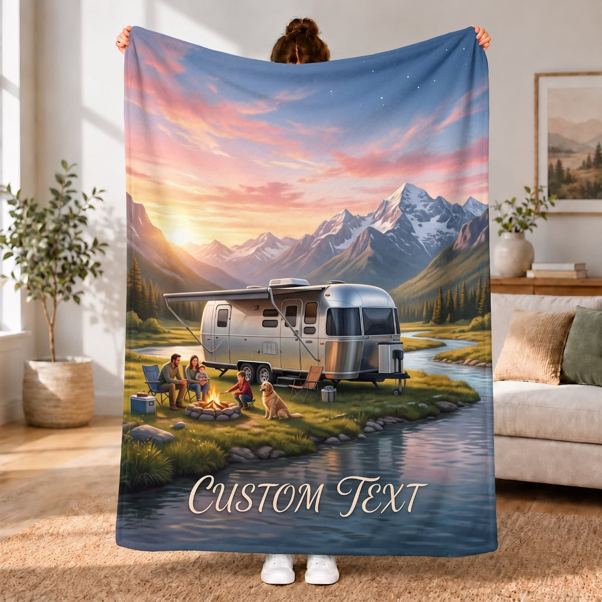 Maxcorners RVs Travel Trailer Pastel Mountain Lake Custom Name 3D Blanket