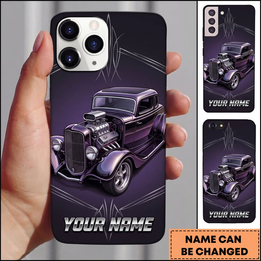 Maxcorners Vintage Hot Rod Purple Classic Car on Dark Background Personalized Name 3D Phone Case