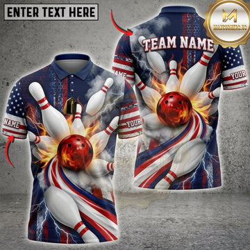 Maxcorners Bowling American Flag Flaming Bowling Ball And Strike Explosion Personalized Name 3D Unisex Shirt