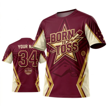 Maxcorners Cornhole Born To Toss Burgundy Gold Personalized Name 3D Unisex Shirt