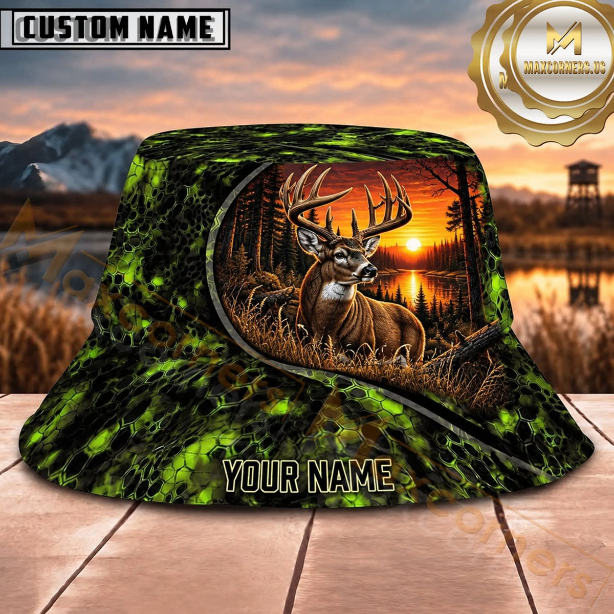 Maxcorners Deer Hunting Green Sunset Forest Personalized Name 3D Bucket Hat