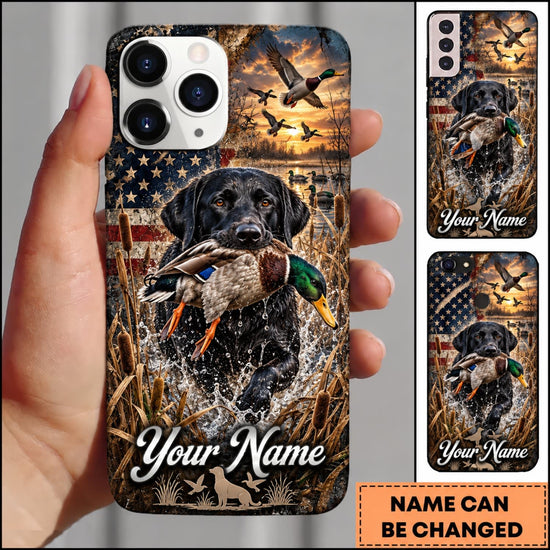 Maxcorners Duck Hunting German Wirehaired Pointer American Flag Sunset Marsh Personalized Name 3D Phone Case - Black Labrador Retriever