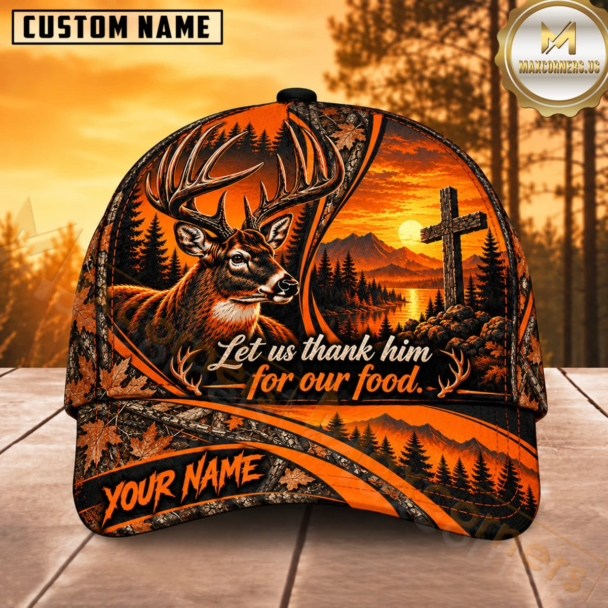 Maxcorners Deer Hunting Whitetail Buck Let Us Thank Him for Our Food Sunset Cross Orange Camo Customized Name 3D Cap