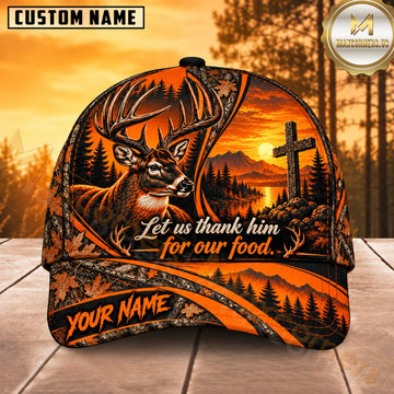 Maxcorners Deer Hunting Whitetail Buck Let Us Thank Him for Our Food Sunset Cross Orange Camo Customized Name 3D Cap