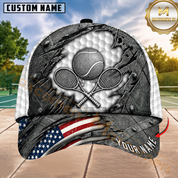 Maxcorners Tennis Crossed Rackets & Tennis Ball Silver Black Industrial Metal 3D Design Personalized Name 3D Cap