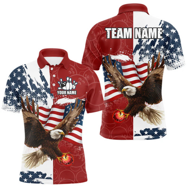 Maxcorners Red, White, Blue American Flag Eagle Men Bowling Shirt Custom Patriotic Red Camo Bowling Team Jersey LM184
