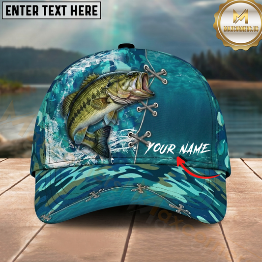 Maxcorners Fishing Aqua Camouflage Lace Up Personalized 3D Cap (12 Fish Species)