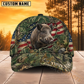 Maxcorners Bear Hunting American Flag Forest Camo Personalized Name 3D Cap
