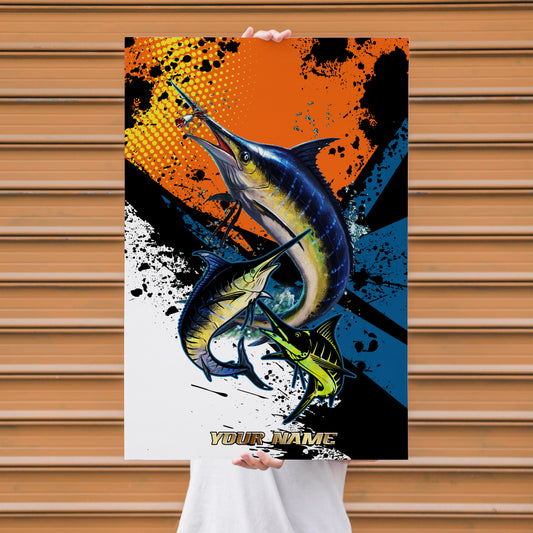 Maxcorners Marlin Fishing Pop Art Grunge Splash Design Personalized Name 3D Poster
