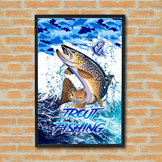 Maxcorners Brown Trout Fishing Ocean Camo Splash Design Personalized Name 3D Poster
